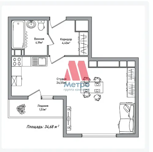 Студия, 32,2 м², 3/14 этаж
