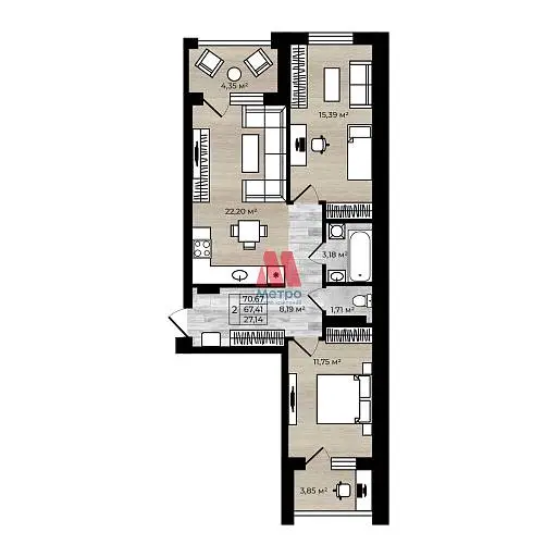 3-комн. квартира, 79,5 м², 4/7 этаж