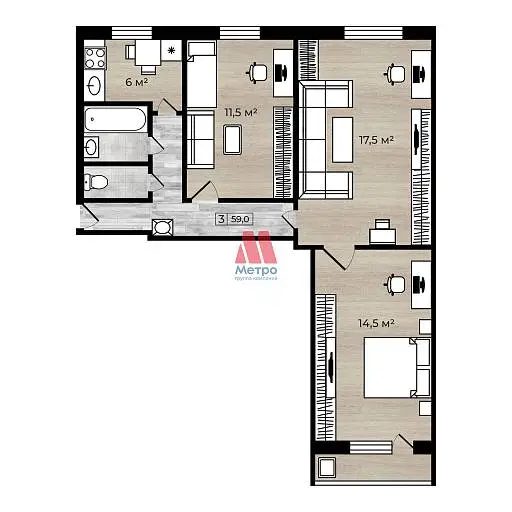 3-комн. квартира, 58,3 м², 5/5 этаж