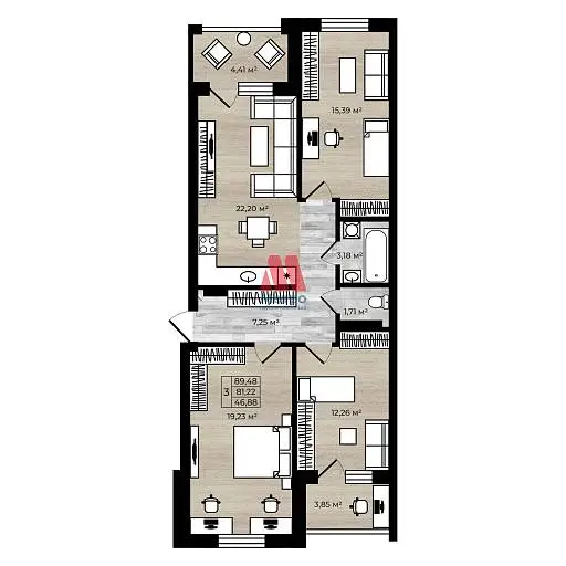3-комн. квартира, 79,5 м², 4/7 этаж