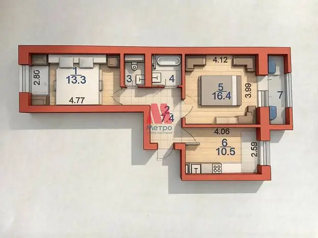 2-комн. квартира, 52,8 м², 8/9 этаж